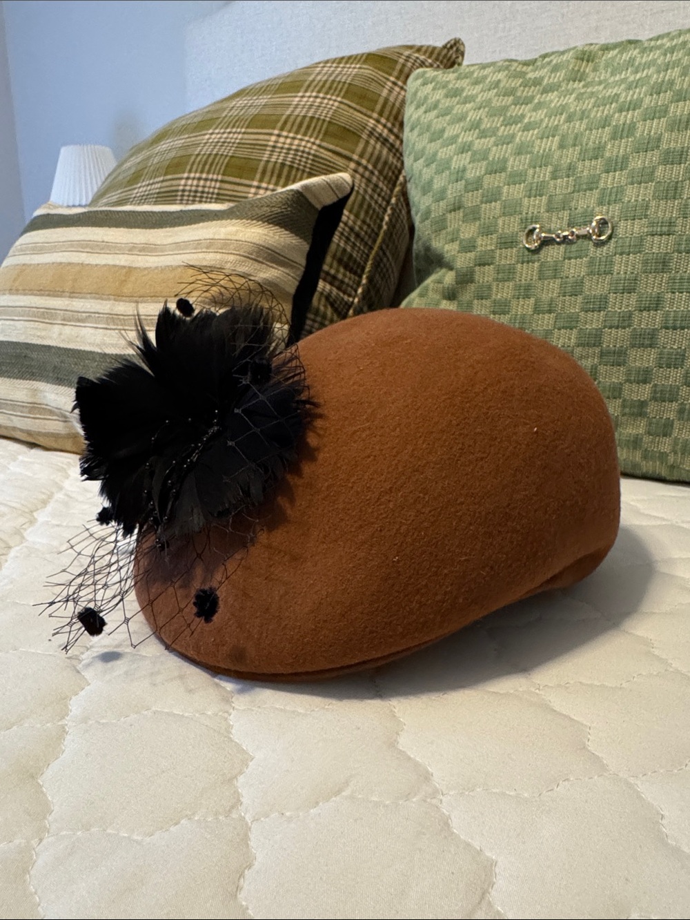 Women's Brown Wool Felt Fascinator Hat with Black Feather Accent
